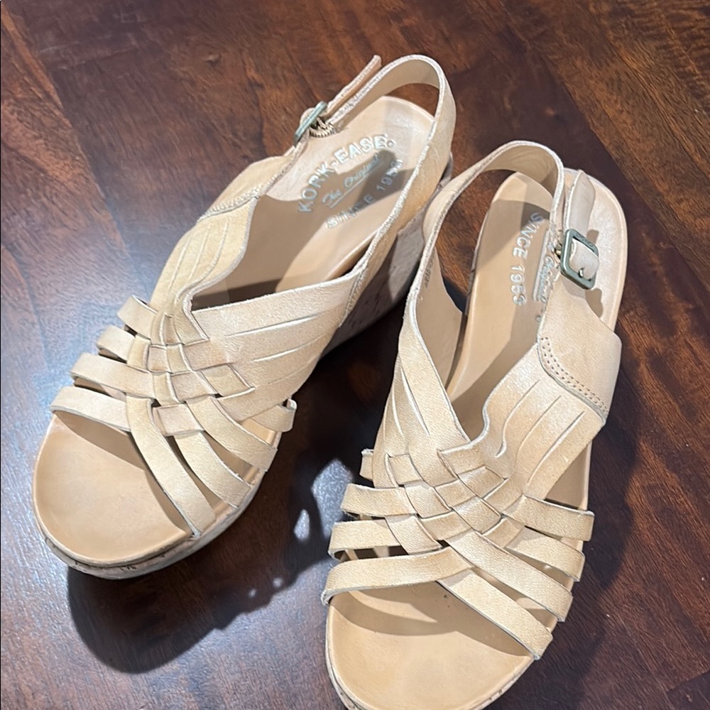 Kork-Ease Tan Wedge Shoes with Woven Straps